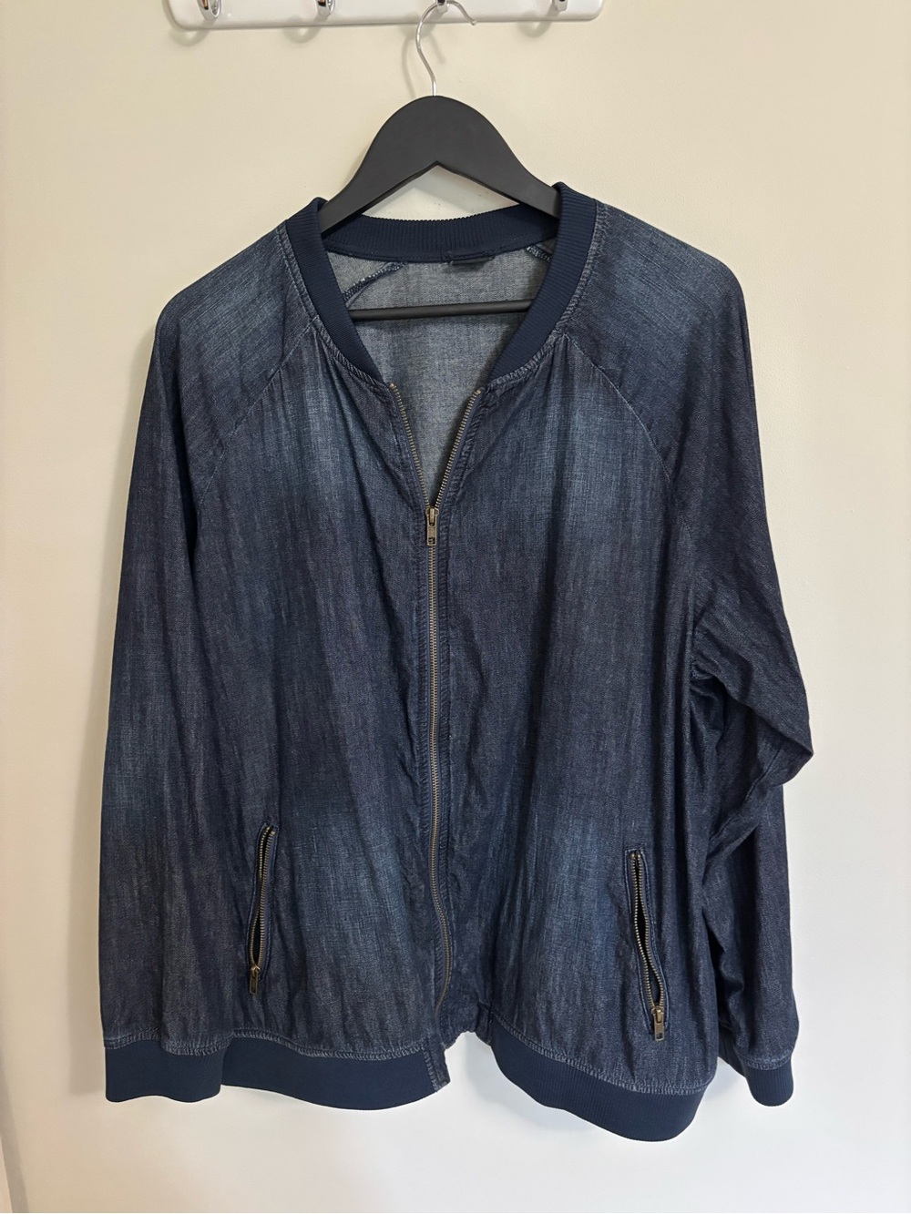Plus size Casual Dark Indigo Zip-Front Bomber Jacket